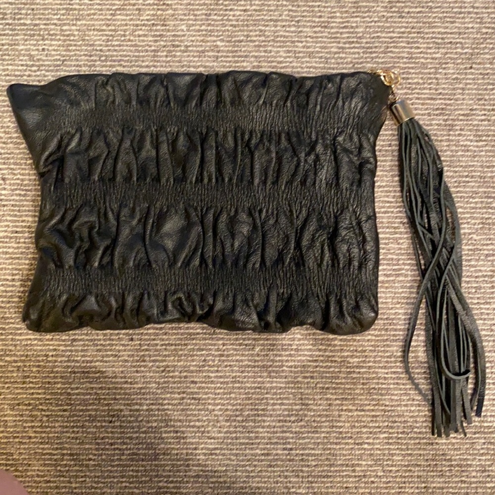 Black Ruched Leather Wristlet Clutch with Tassel